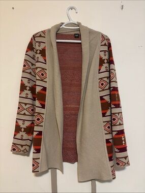 twik Beige Aztec-Pattern Open Cardigan with Rust & Burgundy Accents